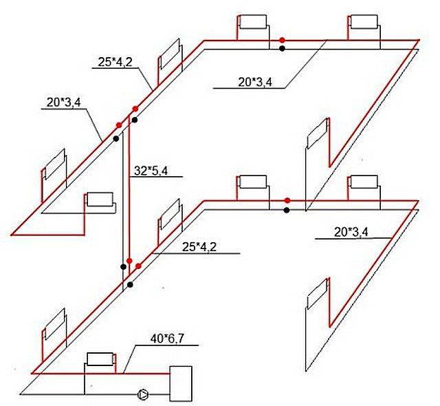 Схема двухтрубной системы отопления с нижней разводкой